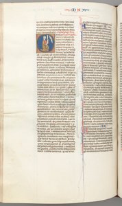 fol. 360v, Nahum, ilk O, Nahum bir parşömenle diz çökmüş, yukarıda Tanrı