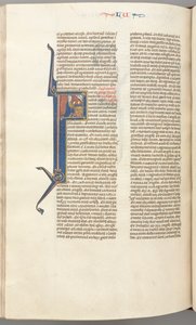 fol. 412v, Luke, baş harfi F, Luke bir sunakta dua ediyor, yukarıda Tanrı