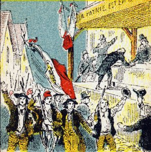 Fransız Devrimi: devrimcilerin gönüllü sonuçları. "Histoire de France"da gravür. Louit adına yayınlanan reklam resimleri serisi, 24 rue d