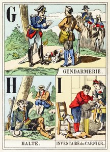 G H I: Jandarma, Halte, Inventaire du gamenier - Avcılık Alfabesi, c.1890 (gravür) by Unbekannt