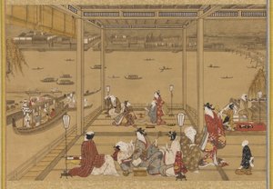Nehir kenarındaki bir çay evinde neşe, Edo dönemi, 18. yüzyıl. by Unbekannt