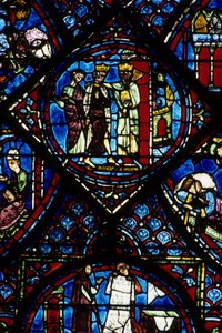 Gotik mimari. Histoire de Charlemagne (detay): Bizans imparatoru I. Konstantin tarafından alınan Charlemagne (742-814). Kuzey ayaktan vitray, absidial. Chartres Katedrali. by Unbekannt