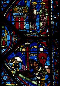 Gotik mimari. Histoire de Charlemagne (detay): Charlemagne (742-814) 3 av (yüksek) ve Vision of Constantine (I, imparator Bizans) alır. Kuzey ayaktan vitray, absidial. Chartres Katedrali. by Unbekannt