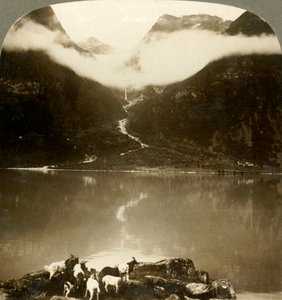 Grytereids buzulları, sakin Olden Gölü boyunca sürüklenen bulutların üzerinde parlıyor, Norveç, c1905. by Unbekannt