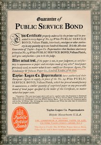 Kamu Hizmeti Teminatı Garantisi - Taylor-Logan Co. Kağıt yapımcıları reklamı, 1919 by Unbekannt