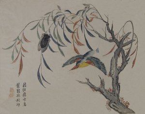 Kingfisher, Ağustosböceği ve Söğüt Ağacı, 19. yüzyıl. by Unbekannt