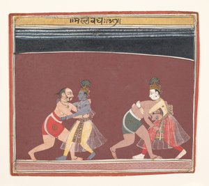 Krishna ve Balarama, Kötü Kral Kamsas Güreşçileriyle Savaşıyor..., ca. 1650. by Unbekannt