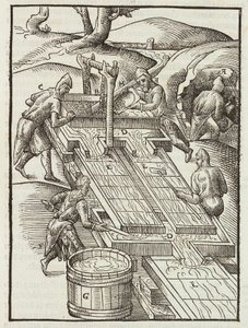 Su Dolu Ahşap Tepsilerde Altın Cevherinin Yıkanması - Cevherlerin Tanımından Gravür ve Madenciliğin Temel Yöntemleri, Lazarus Ecker by Unbekannt