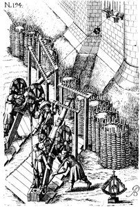 Kuşatma kanonunu hedefe yerleştirme, Le farklı et artificiose makinesinden, 1620 by Unbekannt