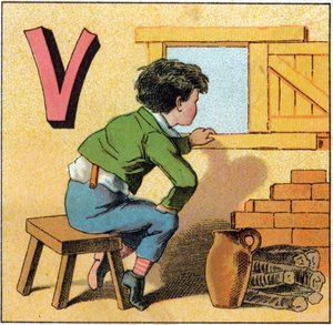 V harfi vasistas olarak. Meraklı çocuk pencereden dışarı bakıyor. "Alphabet des petits ecoliers" de gravür. Epinal