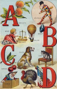 Harfler A B C D; kayısı; alacalı; Denge; Balon; Bebe; Kirazlar; Kedi Sandalyesi; Köpek; Battaniye; Şeytan; Türkiye; Bayrak. "Alphabet de ma petite fille" gravürü. Bernardin-Bechet ve Fils, kitapçı-yayıncılar, Paris, 1895 civarı. Kırılmaz albüm can on by Unbekannt