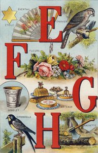 Harfler E F G H; Yutmak; Fan; Çiçekler; Kekler; Fincan; Hachette; Yutmak. "Alphabet de ma petite fille" gravürü. Bernardin-Bechet ve Fils, kitapçı-yayıncılar, Paris, 1895 civarı. Tuval üzerine kırılmaz albüm. Bibliotheque des Bebes. 12 sayfa. albüm ortak by Unbekannt