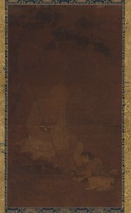 Lohan oturmuş, önünde diz çökmüş bir görevli, Yuan veya Ming hanedanı, 1279-1644. by Unbekannt