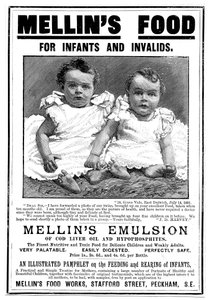 Morina karaciğeri yağı bazlı bir gıda takviyesi olan Mellins Emulsion için dergi reklamı, c1890 by Unbekannt