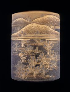 Stilize çam ağaçları ve tepelerle süslenmiş Makie lake inro, geç Edo dönemi, Japonya, 1750-1850 by Unbekannt