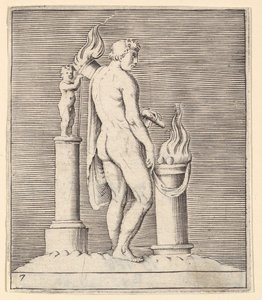 Flaming Altar ve Heykelcik Arasında Meşaleli Adam, yaklaşık olarak yayınlandı. 1599-1622. by Unbekannt
