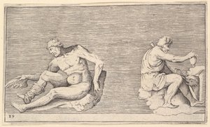 Kanatlı Adam, Vazolu ve Köpekli Adam, yayınlandı ca. 1599-1622. by Unbekannt