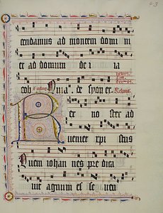 Bir Antiphonary'den, Almanca, 15. yüzyılın ikinci çeyreğinden baş harfi R olan El Yazması Yaprağı. by Unbekannt