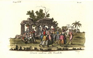 18. yüzyılda Girit adasında popüler olan modern Candiota veya Candiotta dansını yapan erkekler ve kadınlar by Unbekannt