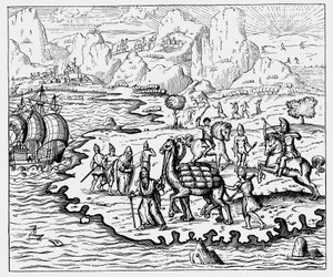 Deveyle kıyıya mal taşıyan tüccarlar ve bekleyen bir gemi, 1575 by Unbekannt
