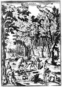 Kuzey Amerika Huron Kızılderilileri ormanlık alanda avlanıyor ve yemek hazırlıyor, 1686 by Unbekannt