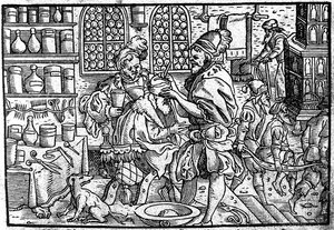 Bir adamın kafasına operasyon. Gönderen: Theophrastus Bombastus von Hohenheim tarafından yazılan büyük yara ilacı, 1562 by Unbekannt