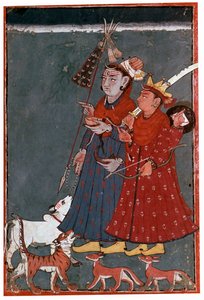 Bir boğa, kaplan ve çakal eşliğinde tanrılar Shiva ve Krishna