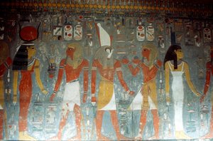 Firavun Horemheb, tanrıça İsis ve tanrı Horus ile, Eski Mısır, MÖ 14. yüzyıl by Unbekannt