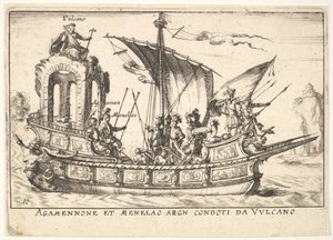 Levha 10: Agamemnon ve Menelaus, V..., 1664 dahil olmak üzere diğer figürlerle birlikte bir teknede oturuyorlar. by Unbekannt