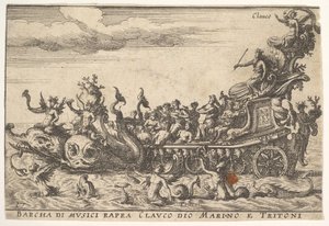 Levha 16: Deniz tanrısı Claucus ve tritonlar Barcha di musici rapra C..., 1664 ile müzisyenlerin gemisi. by Unbekannt