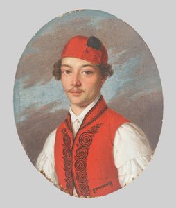 Kırmızı yelek ve dalmaçyalı şapkalı genç bir adamın portresi by Unbekannt