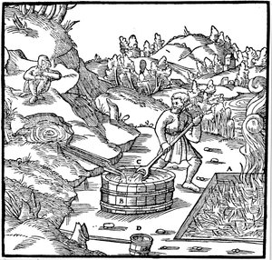 Doğal tuzlu suyu yanan bir kömür çukuruna dökerek buharlaştırarak tuz üretmek, 1556 by Unbekannt