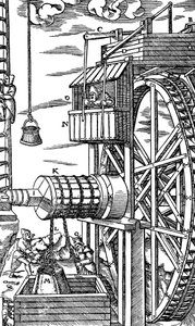 Bir maden kuyusundan deri kovaları kaldırmak için ters çevrilebilir vinç, 1556 by Unbekannt