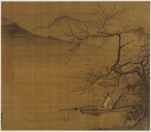 Nehir manzarası: çiçek açan bir ağacın altında demirlemiş bir teknede kitap okuyan bir adam, Ming hanedanı, 1368-1644. by Unbekannt