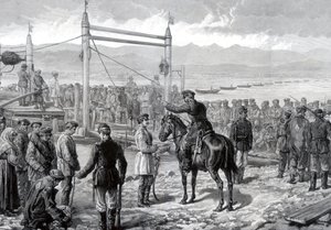 Askeri eskort altındaki Rus hükümlüler, Yenisey nehrinde feribotla geçmeyi bekliyorlar, Sibirya, 1882 by Unbekannt
