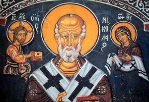 Aziz Nikolaos, 14. Yüzyıldan kalma İsa ve Meryem Bizans freskini çevreliyor (1332) Nathex, güney duvarı Phorbiotissa Bakire kilisesi, Asinou Unesco sitesi Troodos bölgesi, Kıbrıs by Unbekannt
