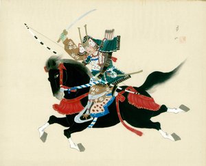 Samuray Savaşçısı ata biniyor. Geleneksel Japon tarzında ipek üzerine bir Japon resmi by Unbekannt