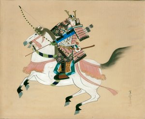 Samuray Savaşçısı ata biniyor. Geleneksel Japon tarzında ipek üzerine bir Japon resmi by Unbekannt