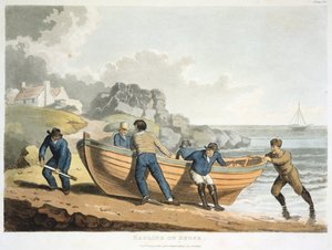 Klinkerden yapılmış bir botu kıyıya taşıyan denizciler, 1821 by Unbekannt