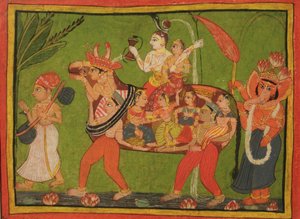 Shiva ve Parvati, toplanmış kadınlardan oluşan bileşik bir inek üzerinde by Unbekannt
