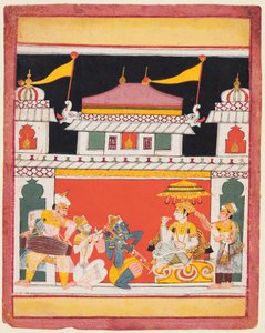 Bir Ragamala serisinden Shri Raga, Üç müzisyen bir soylunun önünde performans sergiliyor, c. 1650. by Unbekannt