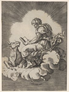 St. Luke, iki elinde açık bir kitapla bir bulutun üzerinde oturuyor, ücretinde yatan bir boğa..., 1518
