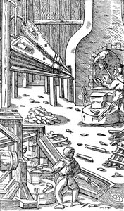 Çelik üretimi: taslak üretmek için körüklü bir demirhane, 1556 by Unbekannt