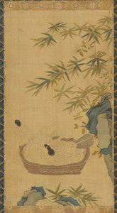 Goblen: bir kasede yıkanan güvercinler, kayalar ve bambular, Muhtemelen Ming hanedanı, 1368-1644. by Unbekannt