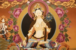 Beyaz Tara tanrıçasını tasvir eden Thangka, uzun yaşamın Budist sembolü, Bhaktapur, Nepal