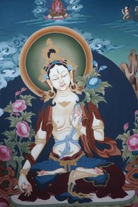 Beyaz Tara tanrıçasını tasvir eden Thangka, uzun yaşamın Budist sembolü, Bhaktapur, Nepal