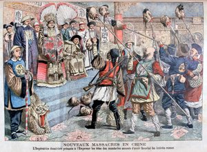 İmparatora Rusları desteklediğinden şüphelenilen Mandarinlerin başlarının gösterilmesi, Çin, 1904 by Unbekannt