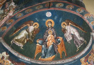 Meryem, Başmelekler Mikail ve Cebrail ile Mesih Emmanuel ile Enthroned, 14. yüzyıl by Unbekannt
