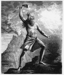 İskandinav panteonunda gök gürültüsü tanrısı Thor, çekicini kullanıyor, 1874 by Unbekannt