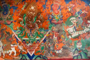 Tibet Budizmi; toplantı salonundaki eski duvar resmi; ok ve yaylarla savaşan iblis; Trakthok Gompa Manastırı; Leh yakınlarındaki Sakti; Ladakh bölgesi; Jammu ve Keşmir; Hindistan; Güney Asya; Asya by Unbekannt